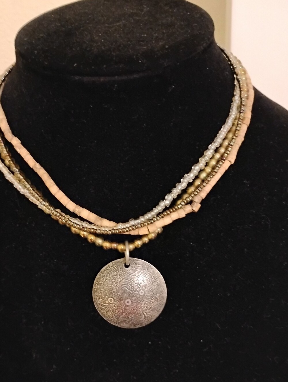 Multi-Strand Beige and Gold Pendant Necklace